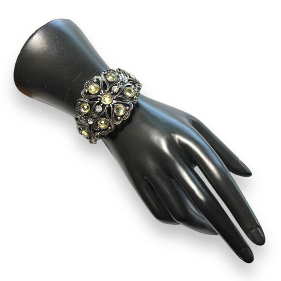 Womens Cuff Bracelet Jeweled Hinged Rhinestone Silver Green Fashion Statement - Picture 2 of 13